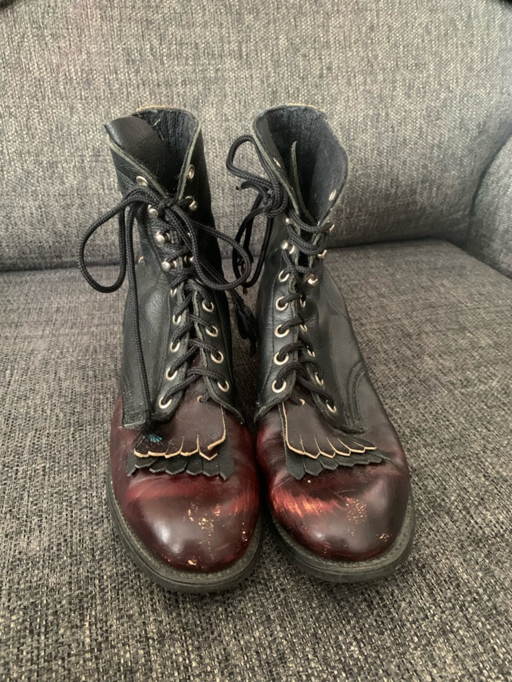 Vintage Lace-Up Two-Tone Black and Burgundy Kiltie Ankle Boots